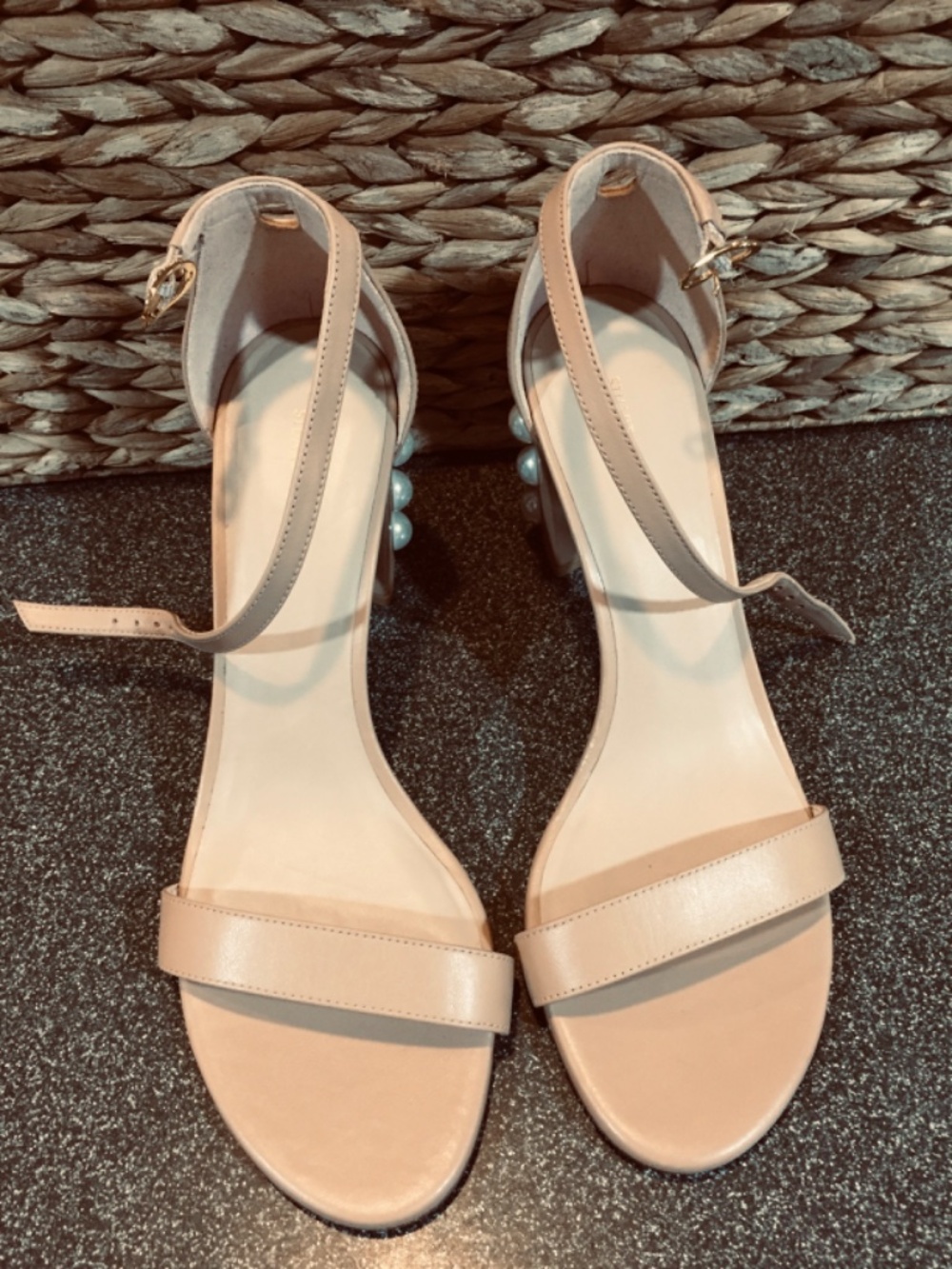 Stuart Weitzman Nude Beige Pearl-Embellished Block Heel Sandals - Picture 14 of 15